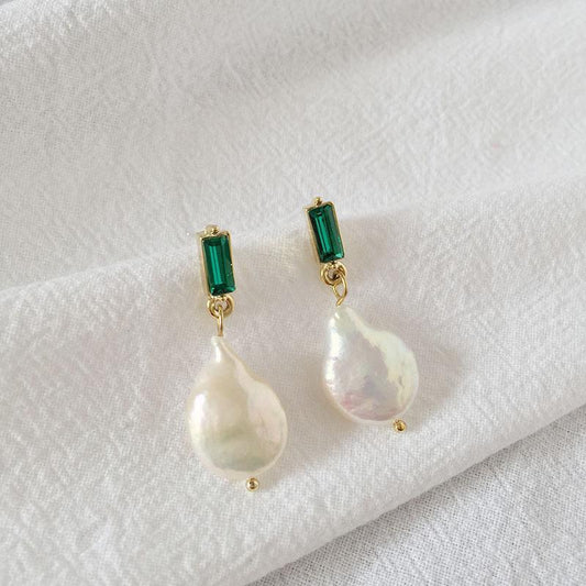 Freshwater pearl & green CZ earrings in gold