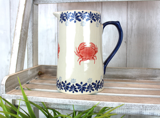 Crab Jug Cream Stoneware with Red Crab and Blue Borders