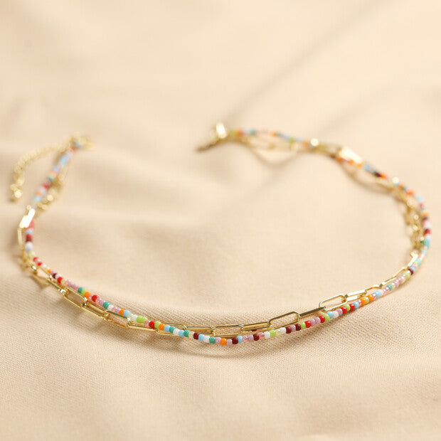 Rainbow Bead and Chain Layered Necklace in Gold