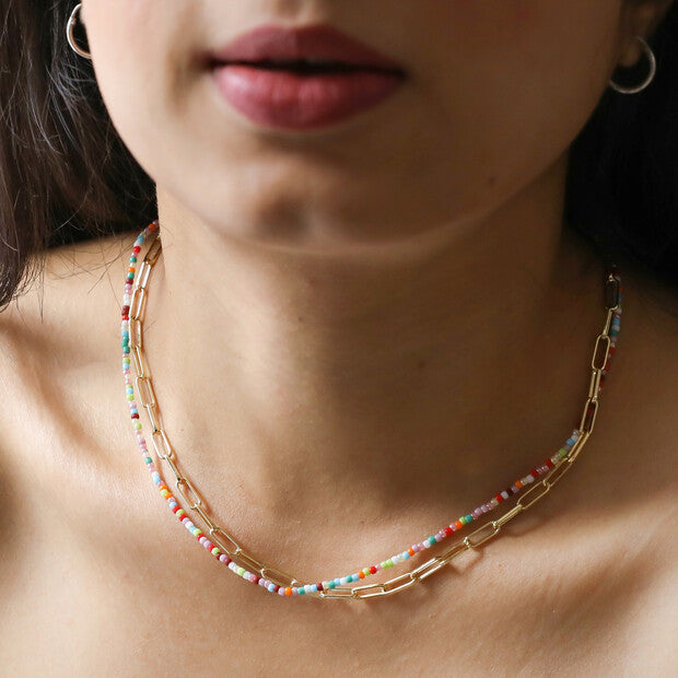 Rainbow Bead and Chain Layered Necklace in Gold