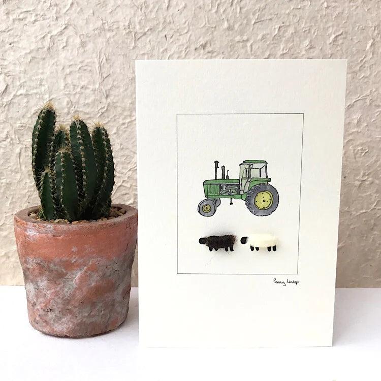 Sheep & John Deere Tractor greetings card