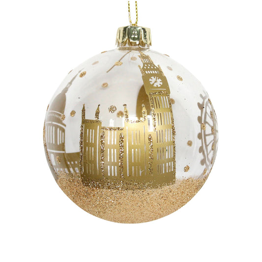 Glass Bauble - Clear Bauble w Gold London Scene
