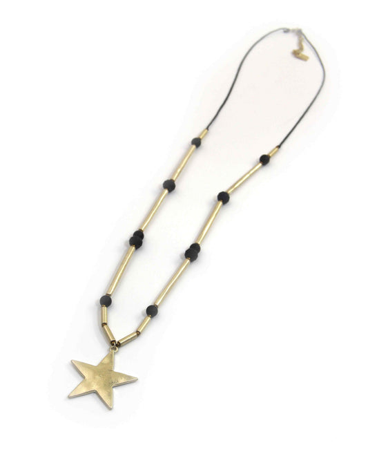 Long Gold Necklace with Black Bead and Star