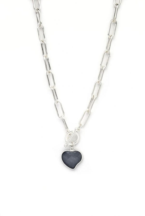 Short Silver Chain Necklace with Semi Precious Heart Pendant
