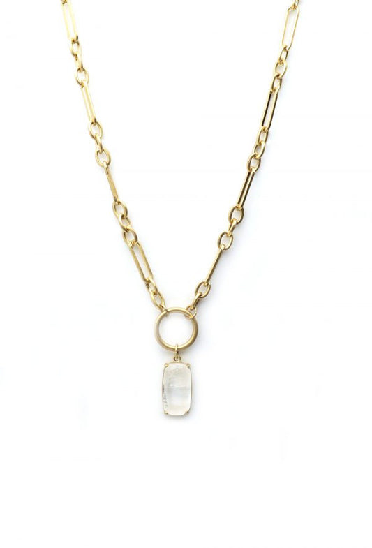 Short Gold Chain Link Necklace with Crystal Pendant