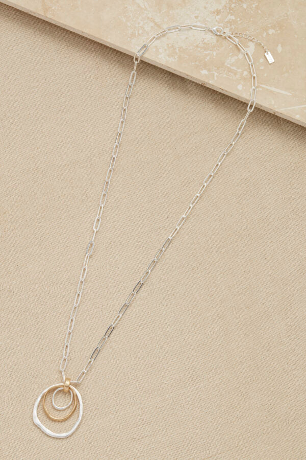 Long Silver Chain Necklace with Open Circles Pendant