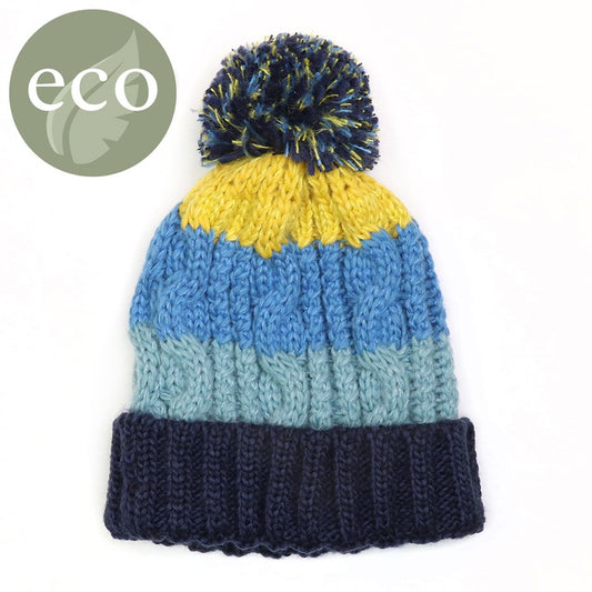 Blue and Mustard and Lime Pom-Pom Hat with Recycled Yarn