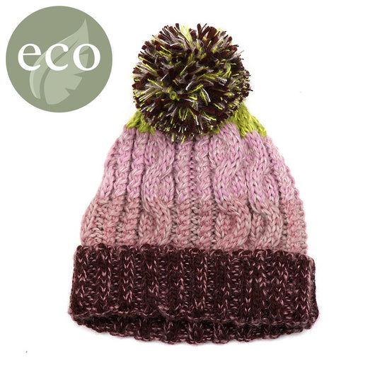 Pink and Lime Pom-Pom Hat with Recycled Yarn