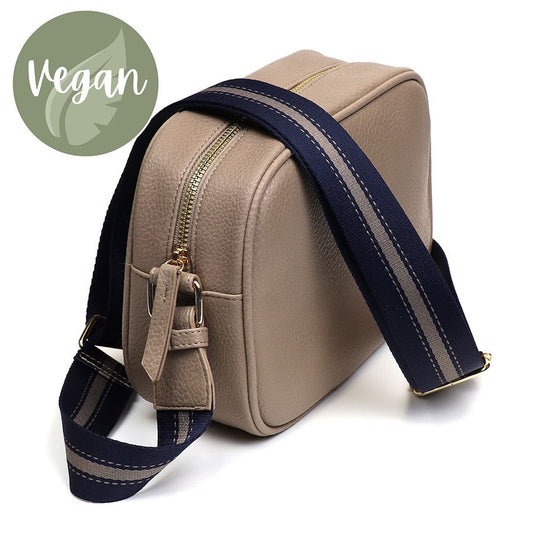 Camel Vegan Leather Striped Strap Camera Bag