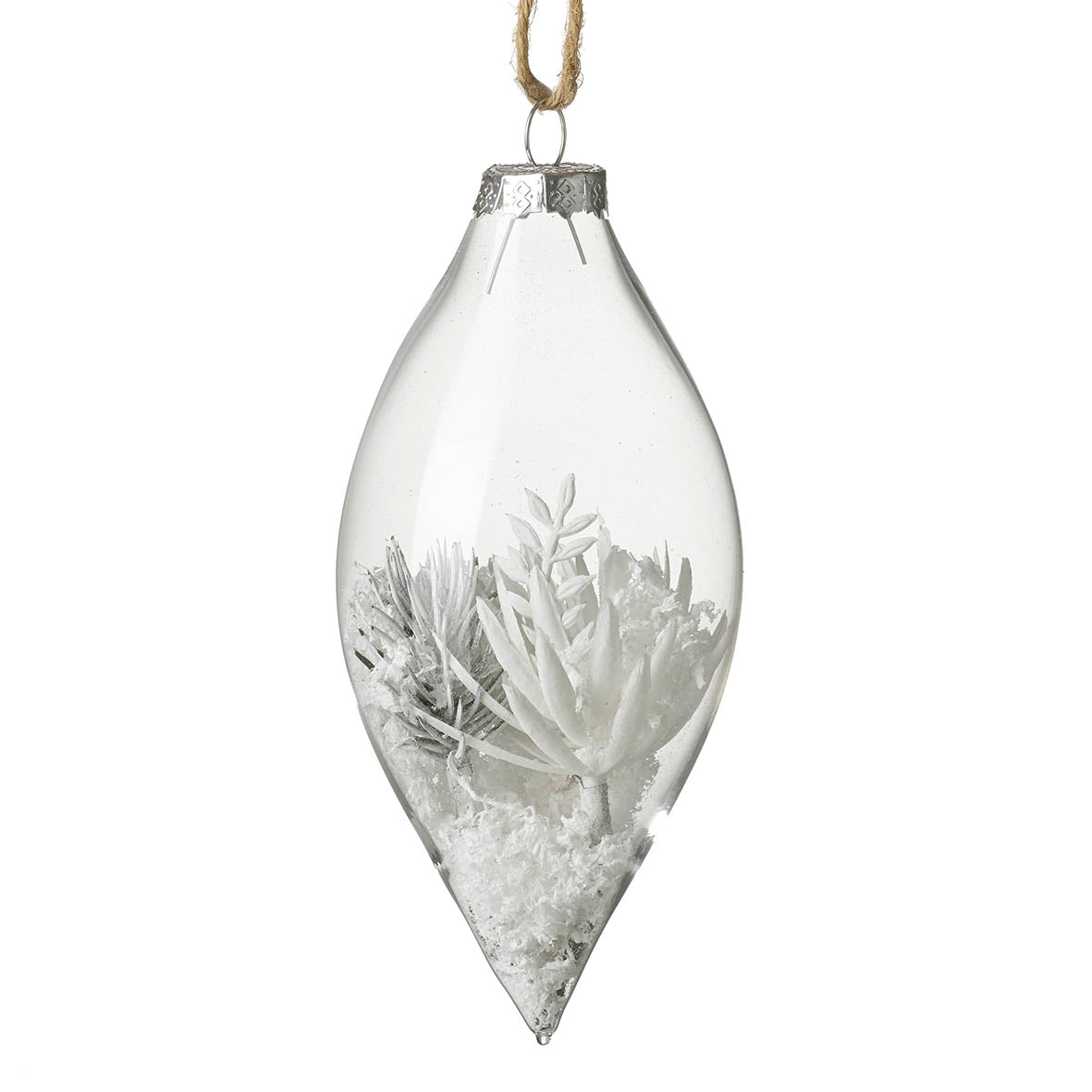 Snowy Pine Filled Glass Droplet Bauble