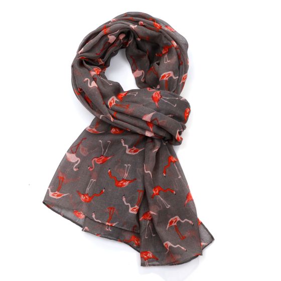 Grey Scarf with Flamingoes