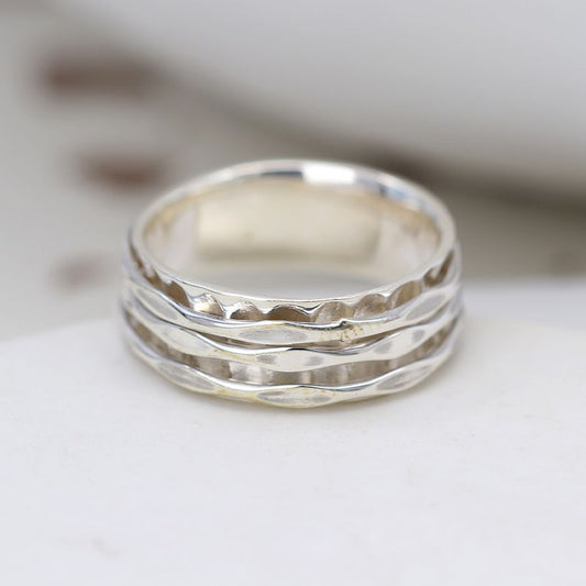 Sterling Silver Ring with Hammered Spinning Bands