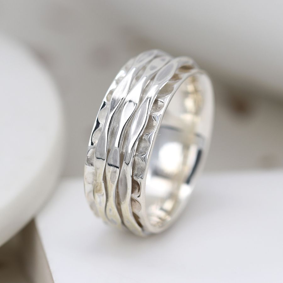Sterling Silver Ring with Hammered Spinning Bands