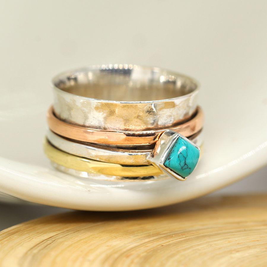 Sterling Silver Mixed Band and Turquoise Spinning Ring