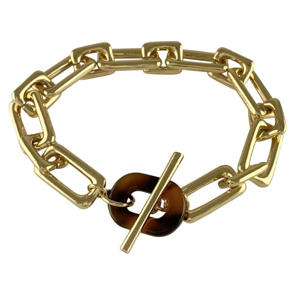 Gold Plated Rectangle Link Chain Bracelet with Tortoise Shell Effect T-bar