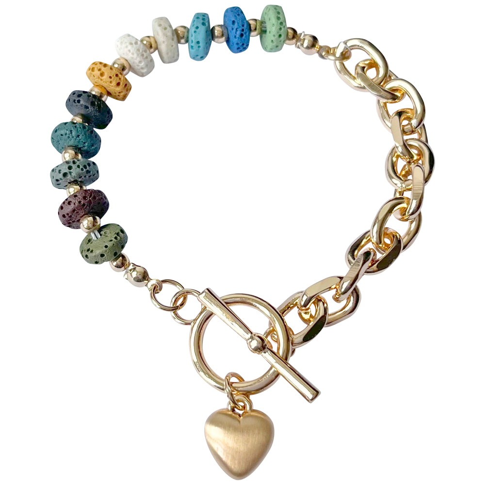 Gold Plated Link Chain Bracelet with Heart Charm on T-bar and Coloured Sandstone Beads