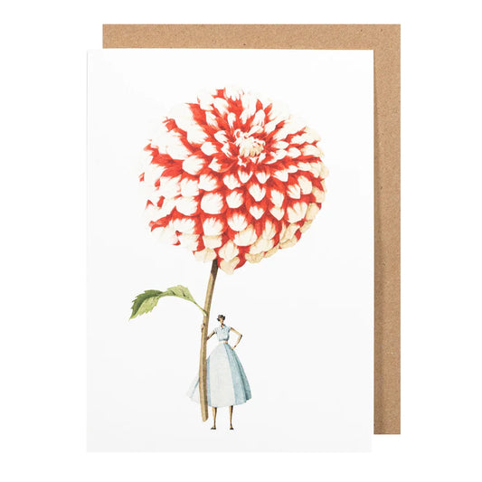 Greetings Card Dahlia Red and White