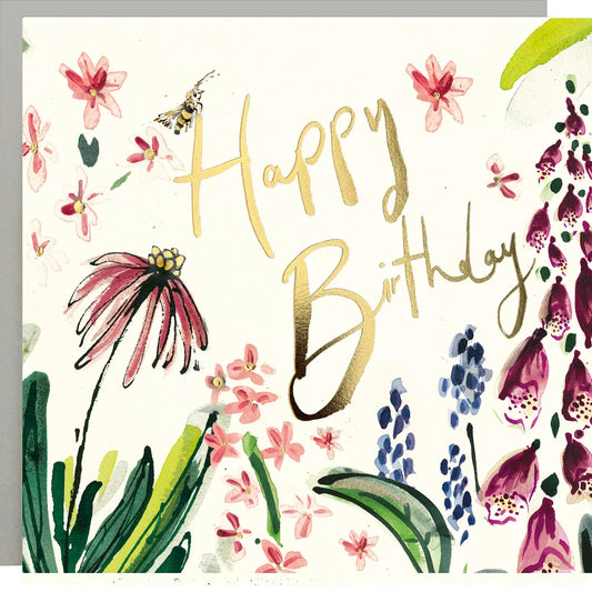 Happy Birthday Flowers Gold Foil Card