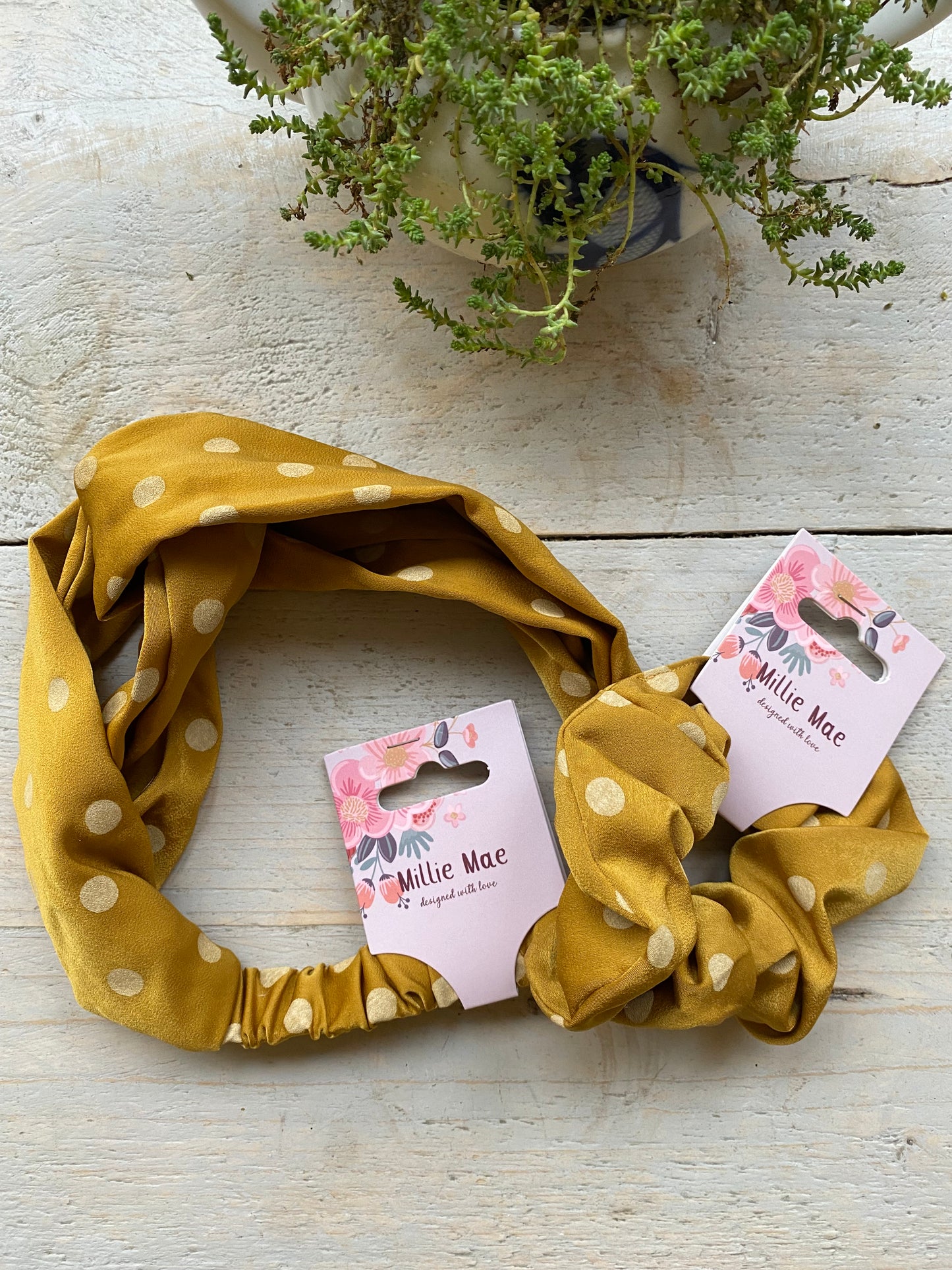 Mustard Spotty Satin Teal Scrunchie and Headband Set