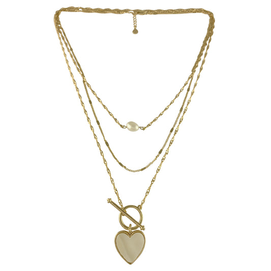 Gold Plated Layered Chains with Mother of Pearl Heart on T-bar, and Freshwater Pearl