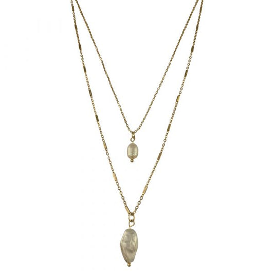Gold Plated Double Chain Necklace with Freshwater Pearls