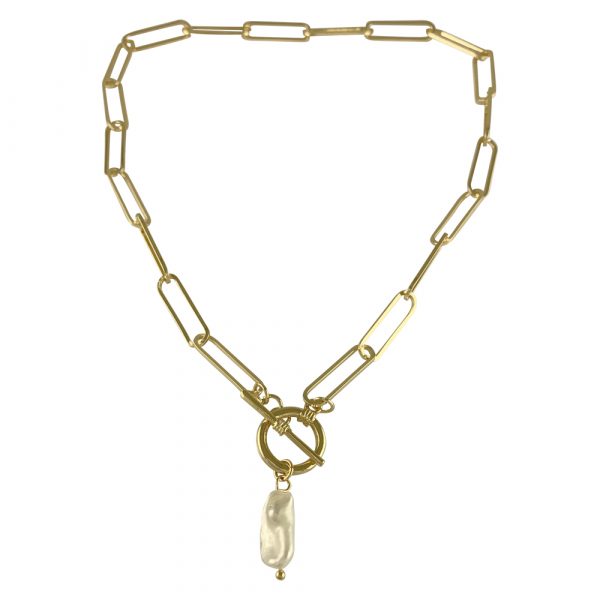 Gold Plated Paper Clip Chain Necklace on T-bar with Freshwater Pearl