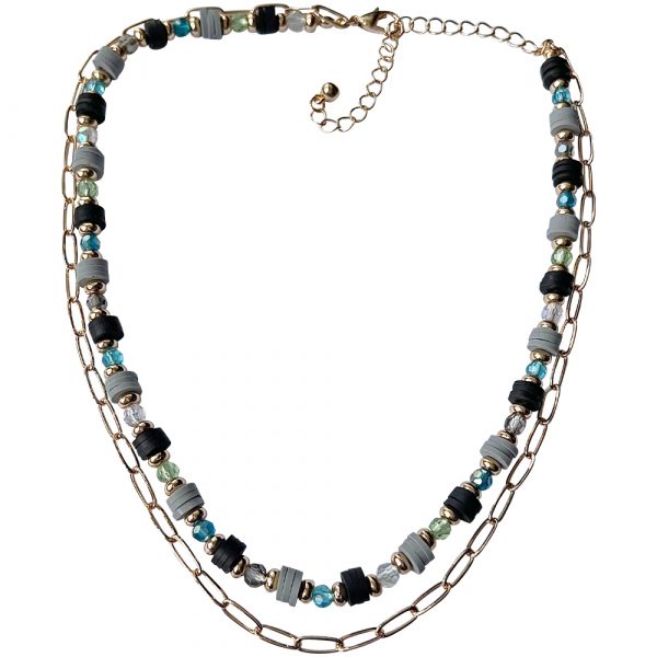Black, Grey & Coloured Bead and Gold Plated Chain Necklace