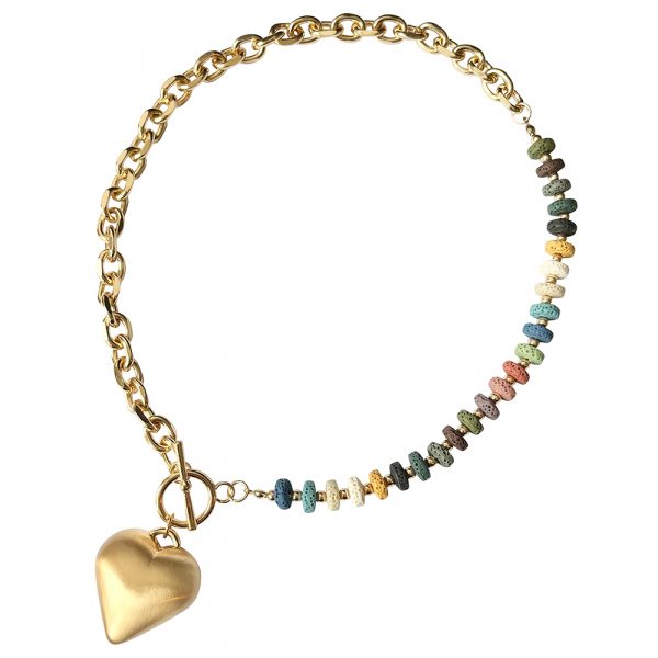 Gold Plated Link Chain Necklace with Heart Charm on T-bar and Coloured Sandstone Beads