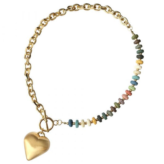 Gold Plated Link Chain Necklace with Heart Charm on T-bar and Coloured Sandstone Beads