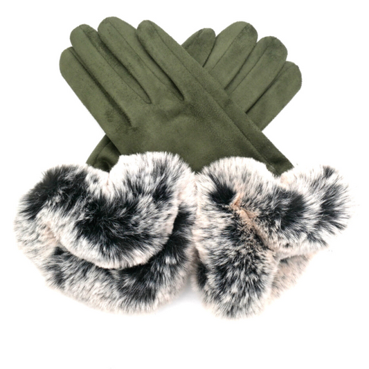 Faux Fur Trim Suede Gloves Olive Green