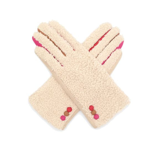 Cream Borg Gloves with Multicolour side Buttons