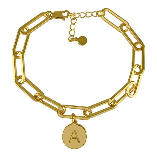 Gold Plated Paper Clip Chain Bracelet with Initial Charm