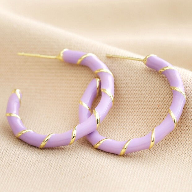 Lilac Enamel Rope Hoop Earrings in Gold