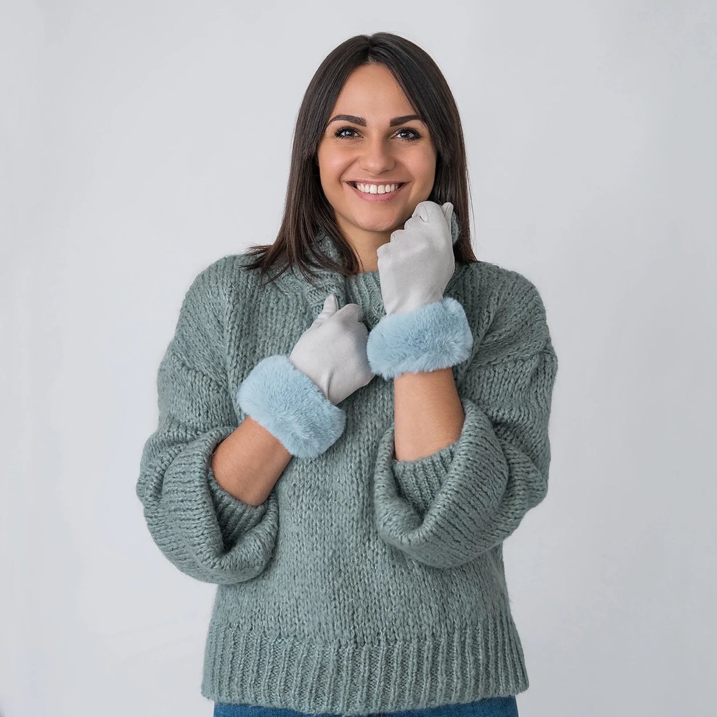 Carole Gloves with Fur Edge Blue